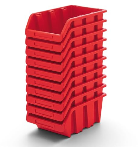 MELTOM Sichtlagerbox Werkstatt 290x200x150 mm Rot 10 Stück Stapelbox | Sortierkasten für Handwerkzeug und sperrige Teile | offene Front | Griffmulde | Aufbewahrung an der Lochwand | PP-Kunststoff