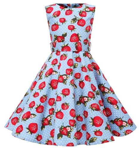 LSHEL Années 1950 Style Enfants Filles Vintage Robe De Soirée Imprimée Rockabilly Dress Rétro Plissé, Fraise et Point Rond Blanc sur Bleu, 11-12 Ans