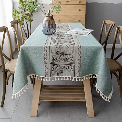 Pahajim Table Cloth Rectangular Washable Cotton Linen Tablecloth Tassel Wipeable Tablecloth Wrinkle Free and Dust Proof for Coffe Table, Kitchen, Dining, Tabletop Decoration(Green,55 x 71 inch)
