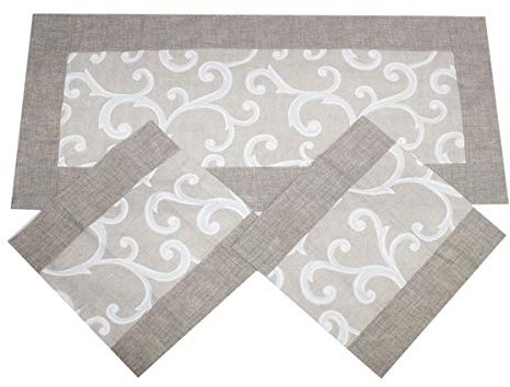 Russo Tessuti Tris Centri Centrini Runner Tavola Ghirigori Nero Bordeaux Grigio-Beige