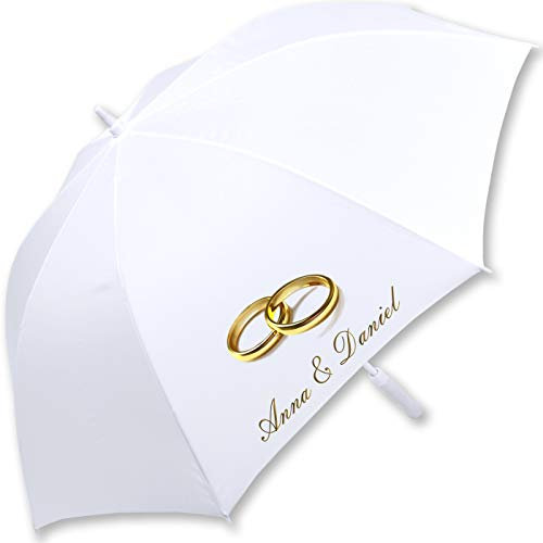 iX-brella XXL Hochzeits-Stockschirm Automatik - All In White - Goldene Ringe personalisiert mit Namen