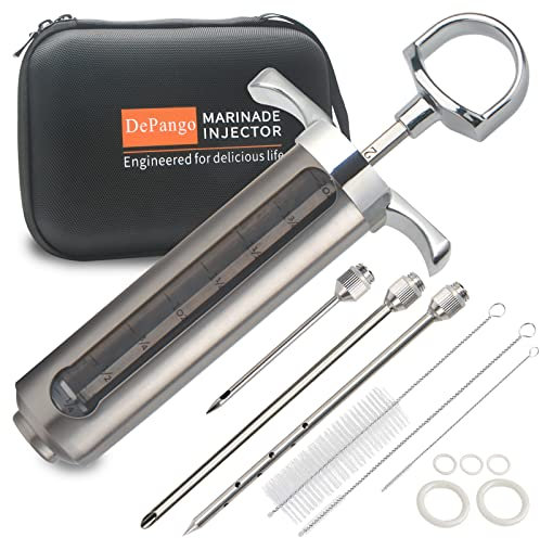 DePango Jeringuilla Cocina, Jeringa de Carne de Acero Inoxidable, 60ml Kit Jeringa Cocina Inyector de Adobo con 3 Agujas de Carne para Carne de res/bistec/cerdo/pollo/pavo a la barbacoa BBQ