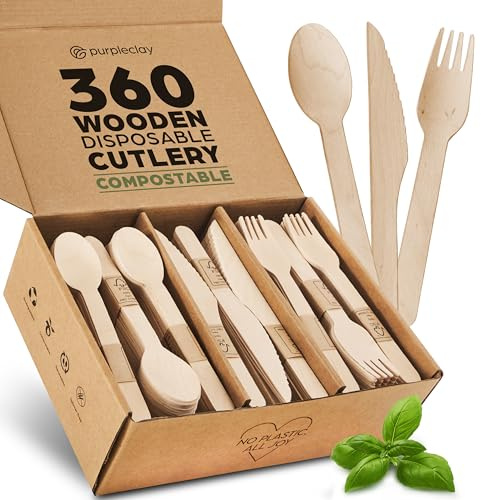 PURPLECLAY Wooden Disposable Utensils Set, 360 PCS Compostable Silverware (120 Forks, 120 Spoons, 120 Knives) Eco Friendly, Plastic-Free Cutlery for Parties & Catering, Alternative to Bamboo Utensils
