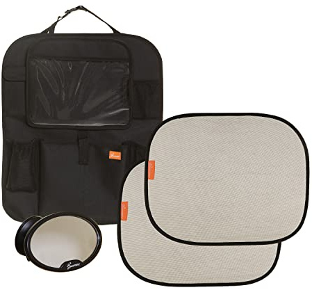 Dreambaby Travel Car Kit for Toddler/Child - 4 Piece Kit: Back-Seat Car Organiser, 2X Insta-Cling Car Sunshades, Ezy-View Mirror