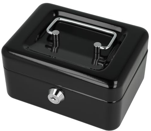 Westcott Geldkassette abschließbar (kompakt, 15 cm) Schwarz | Abschließbare Box aus Stahlblech mit 2 Schlüsseln | Herausnehmbare Einlage für Münzen mit 6 Fächern | E-51000 BLACK