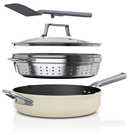 Ninja Foodi 9-in-1 PossiblePan with ZEROSTICK, Steamer/Strainer, Spatula, Glass Lid, 3.8L, Induction Compatible, Oven Safe to 260°C, Vanilla Bean CW102WHUK