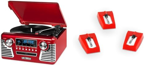 Victrola 50's Retro Bluetooth Record Player & Multimedia Center with Built-in Speakers - 3-Speed Turntable & 3 Pack Turntable Replacement Needles for Various Victrola Record Players, White