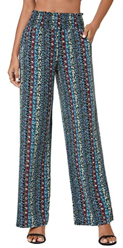 EXCHIC Mujeres Casual Pierna Recta Boho Yoga Pantalones Cintura Elástica Pantalones con Bolsillos(M, Series 2#17)