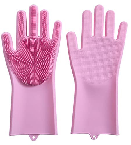 Nchdewui Spülhandschuhe, Wiederverwendbare Silikon Gummi microfaser lang für Küchenarbeit putzhandschuhe. (Pink)