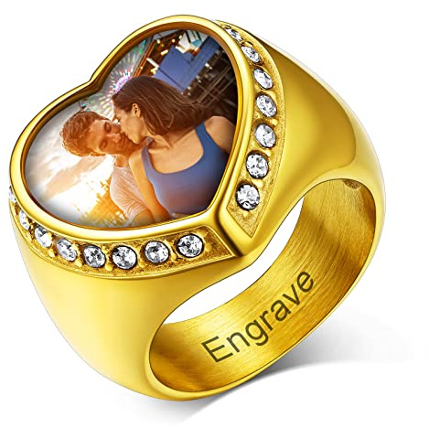 Custom4U 18K Vergoldet Foto Ring für Herren Damen Benutzerdefinierter Herz Zirkonia Foto Fingering Punk Zirkon Siegelring Bandring für Ehering Verlobungsring Freundschaftsring