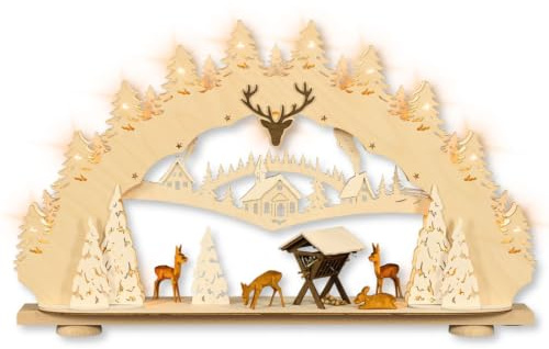 weigla - Schwibbogen original Erzgebirge I Motiv Rehe im Wald I LED Lichterbogen Weihnachten I 15 Lampenkerzen + 1 Ersatzlampe I 15 x 16 V, 0,2 W, E10 I beleuchtete Weihnachtsdeko innen I aus Holz