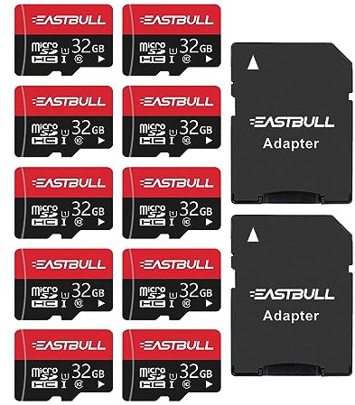 32GB 10-Pack of Micro SD Cards, EASTBULL SD Memory Cards 32GB SD Cards Pack Full HD Video 90MB/s UHS-I U1 Micro SDHC Class 10 for Surveillance Security Cam (10 Units and 2 Adapters) | 90MB/s Full HD Video Memory Cards 32 G for Surveillance Security Cam, Camera (10 Units, 2 Adapters)