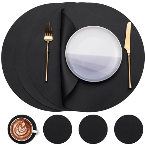 Myir JUN Tischsets abwaschbar und Untersetzer Tischsets Rund Ø 38cm | 4er Set Rund Platzsets wasserdichte Platzdeckchen abwaschbar doppelseitige rutschfeste Kunstleder Tischsets in Lederoptik