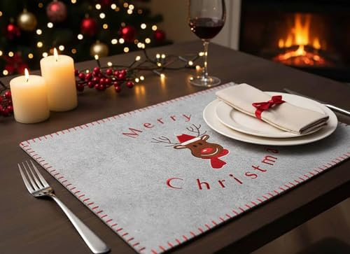 KAMACA 4er Set Tischsets Filz Rentier Platzsets Platzmatten Weihnachtsdeko Weihnachten Winter Advent Tischdekoration Filzoptik abwaschbar rutschfest hochwertig 30x40 cm (4er Set Filz Rentier GRAU)