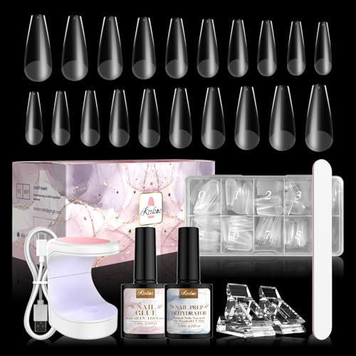Kredioo Nageltips für Gelnägel 500 pcs Künstliche Nägel 10 Größen Nageltips Long Coffin mit 4 in 1 Nagelkleber Base Coat, UV Nagellampe, Prep Dehydrator Acryl Künstliche Nagelspitzen Set