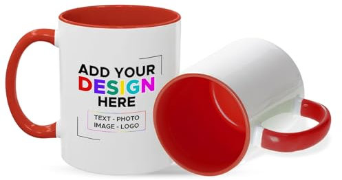 Personalised Mug | Coffee Cup with Coloured Handle and Inner | Any Photo or Text | Custom Coloured Cups for Birthdays, & Occasions | Ceramic Mugs Available in Ten Colours | Red