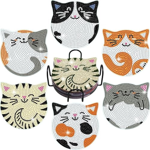 VITEVER Diamond Painting Untersetzer Mit Halter, Diamant-Untersetzer Kunst-Kits für Anfänger, Kinder, Erwachsene kleine Diamant-Malerei Craft Supplies (Katzen 6 Stück)
