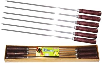 PNJB Stainless Steel Skewers with Wooden Handle, Extra-Long and Flat Blade Design, Easy Assembly, Perfect for Grilling, Enhance Your BBQ Experience, (6 Pcs)