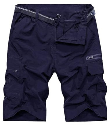 OlyljpinZ Gymshorts för män vardaglig twill elastisk caprishorts flera fickor verktyg arbetsshorts vattentäta snabbtorkande shorts, marinblå, XL