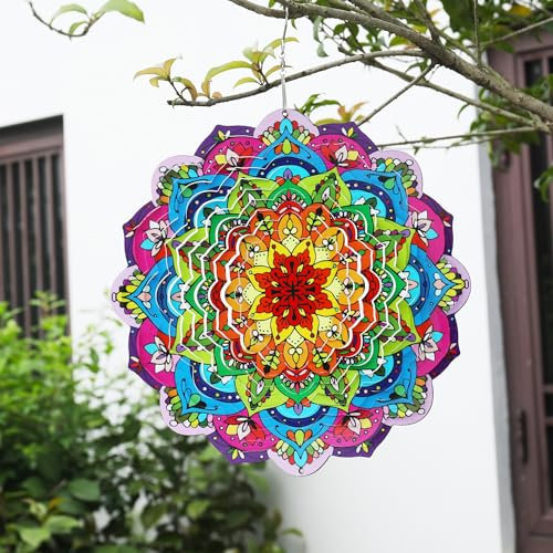 Gochoi Mandala Hanging Wind Spinners Outdoor,Mandala Garden Yard Decor,11 inch Stainless Steel Wind Spinner Gifts for Women Mom Grandma Wife,Yard Garden Ornaments Outside Decorations-Purple Mandala