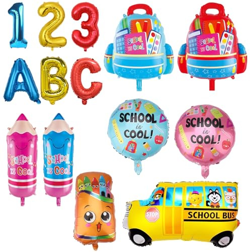 KOBOKO Schulanfang Deko Folienballon, 14 Stück Luftballons Einschulung Mädchen Junge Deko, Schulkind Deko Schulanfang Luftballon, Schuleinführung Ballon mit ABC 123 Pencil Bus für Jungen Mädchen