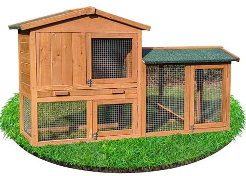 NYVI Hasenstall mit Auslauf - XXL Kleintierstall mit Gehege - Winterfest & Wetterfest für Draußen - Kunststoffwanne - Einfach zu Reinigen - Einfache Montage - Kaninchenstall 146x86x52cm Natur