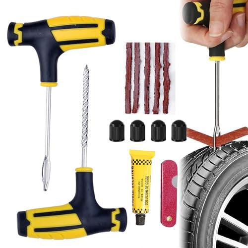 Kit Reparation Pneu Portables Voiture, Outillage de Réparation des Pneus Kit, Kit Anti Crevaison Voiture, Kit de Reparation avec Mèches pour Pneu Crevaison, pour Auto, Motos, VTT, Tracteurs, SUV