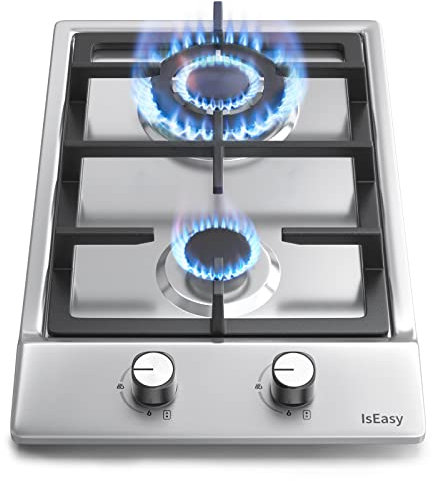 IsEasy Plaque Gaz 2 Feux Inox, Plaque de Cuisson Gaz 2 Feux Encastrable, Table de Cuisson 30cm, Gazs Ville et Bouteille