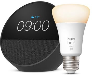Echo Spot | Black + Philips Hue White A60 Smart LED Light Bulb (E27), Works with Alexa - Smart Home Starter Kit
