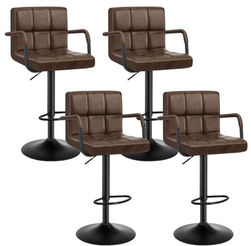 WOLTU Barhocker 4er Set, Barstuhl Höhenverstellbar, PU-Bezug, Dunkelbraun | Bar Stool mit Rückenlehne, Drehstuhl mit Armlehnen, Fußstütze, Robuster Metallrahmen, für Küche und Hausbar, Modern