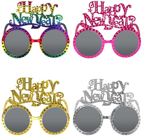 LMSHOWOWO Silvester Deko 2026, 4PCS Frohes Neues Jahr Brillen, Happy New Year Brillen, Happy New Year Partybrillen, für 2026 Neujahr Silvester Party Dekoration Foto Requisiten