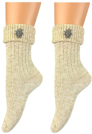 BF Souvenirs Damen & Herren Trachtensocken mit Edelweiß-Pin – hochwertige Trachtenstrümpfe mit Leinenanteil, handgekettelte Naht – für Lederhose Dirndl Oktoberfest Wiesn Volksfest Wandern
