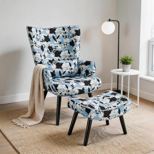 HomeMiYN fåtölj öronfåtölj med kudde och fotpall vardagsrum enkelsoffa abstrakta blues blommor