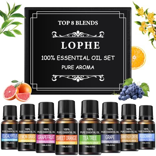 LOPHE Essential Oils Set, 8 x 10 ML Fragrance Oils Gift, Water-Soluble Scented Oils for Diffuser, Humidifier, Massage, Aromatherapy, B
