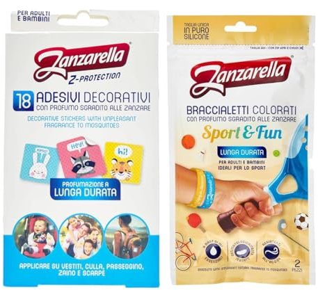 Zanzarella Braccialetti Antizanzare Per Bambini e Adulti In Silicone Atossico A Base Di Oli Essenziali A Lunga Durata (Combo Sport&Fun, Adesivi+Braccialetti)