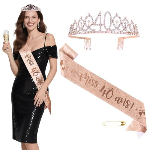 BOOMTOP 40ans Anniversaire Décoration Écharpe Joyeux Anniversaire Miss 40 ans et Couronne Diamant Strass Femme Tiare de Couronne Or Rose Happy Birthday Cadeau pour Fête Anniversaire Célébration Femme