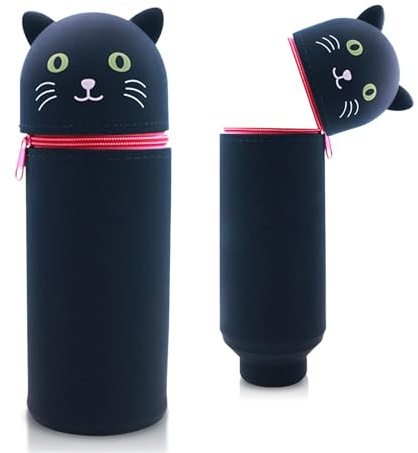Sykerout Silikon Federmäppchen mit Tierdesign - Süßes 2-in-1 Schulmäppchen aus weichem Silikon | Federmappe & Stiftehalter | Schlampermäppchen für Schule, Büro (Schwarze Katze)