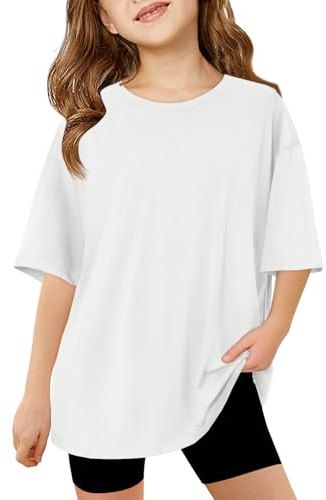 Haloumoning Mädchen T-Shirt Kurzarm Kinder Sommer Oversized Tops Rundhals Lässige Oberteile Freizeit Sport Shirts Einfarbig Basic Tshirts für Mädchen 5-14 Jahre Weiß 150