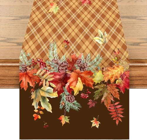 Camino de mesa otoñal de 140 x 40 cm, decoración otoñal con hojas, piñas y bayas, decoración perfecta para otoño, mesa de comedor, salón y cocina