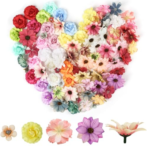 Elektheim 96 Pcs Künstliche Blumen Bunt Gänseblümchen Blütenköpfe Kunstblumen Köpfe Deko für Haarschmuck Tortendeko Hochzeit Kunsthandwerk Feste Partei Haus DIY Basteln