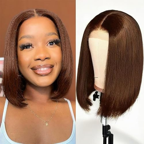 4X4 Lace Frontal Human Hair Wig Natürliche Brasilianische Perücke für Frauen Straight 12 Zoll Natural Women's Wig Lace Bob Wig Human Hair Natural Short Smooth Chocolate Brown#