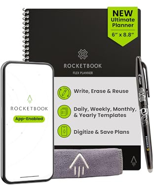 Rocketbook Flex Reusable Planner, Smart Undated, Daily, Weekly, Monthly, Annual Calendar Templates, Executive Size 6X8.8, Black (Pack of 1)