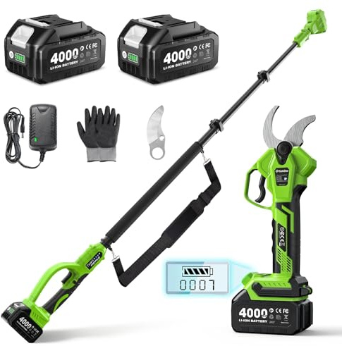 TaskStar 2-in-1 Electric Pruning Shears: 1.6 Cutting Diameter 9Ft Cordless Pole Pruner - 2 x 4000mAh Batteries, Extra SK5 Blade, 4 Cutting Modes Brushless Branches Cutter for Flower Tree Trimming