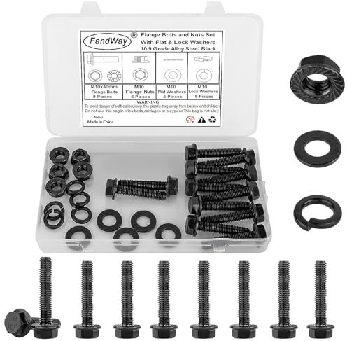FandWay M10x40mm Flange Head Bolts Black,24 Pcs Flanged Hex Serrated Bolts and Nuts Set With Flat Lock Washers,Flange Hexagon Machine Screws 10.9 Grade Alloy Steel,External Hex Drive Fully Threaded.