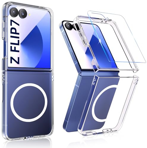 MIMGOAL Funda magnética para Samsung Galaxy Z Flip 7 con lámina protectora de cristal templado fina dura de PC cubierta [funda para MagSafe] Anti-Amarillo Resistente a los arañazos Funda protectora