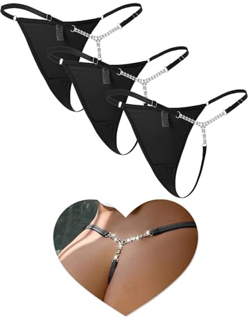 ohyeahlady Mini String Femme Sexy Chic Hot Ficelle Grande Taille G String Bikini Strass Tanga Coton Invisible Culotte sans Couture Thong Culottes Et Slips T-Back sous Vetement(M-L,Noir)