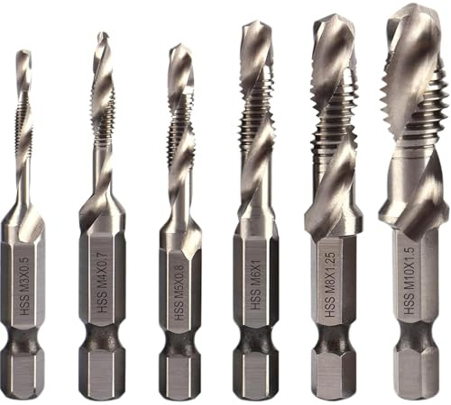 HSS Combination Drill and Tap Set, M3 M4 M5 M6 M8 M10 Metric Thread Screw Taps Tool with 1/4 Hex Shank for Screw Tapping in Steel(Cranberry 6PCS)