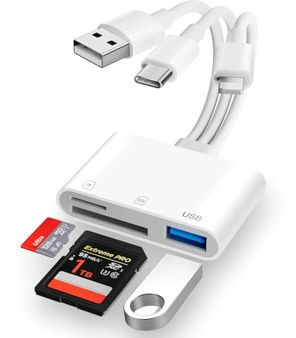 Clomnpe Lector Tarjetas SD para iPhone/USB-C/USB-A, [Certificado Apple MFi] Lector de Tarjetas SD con SD/Micro SD/TF/USB Puerto, Compatible con Teléfonos, Computadoras Portátiles, PC y Cámaras