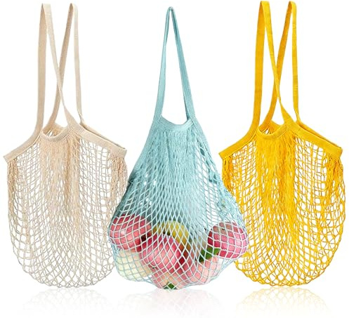JNYUTEEN 3 Stück Einkaufstasche Netz, 3 Farben Einkaufstasche Netz Wiederverwendbar, Langem Griff Einkaufstaschen Sandspielzeug Tasche für Einkaufen Aufbewahrungsnetz