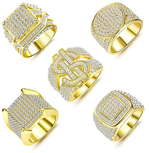 YZCIS 5 ück Bling Pinky Ring für Männer, 18 Karat vergoldet, simulierter Diamantring, Hip Hop Iced Out, vergoldeter Herren-Simulationsring